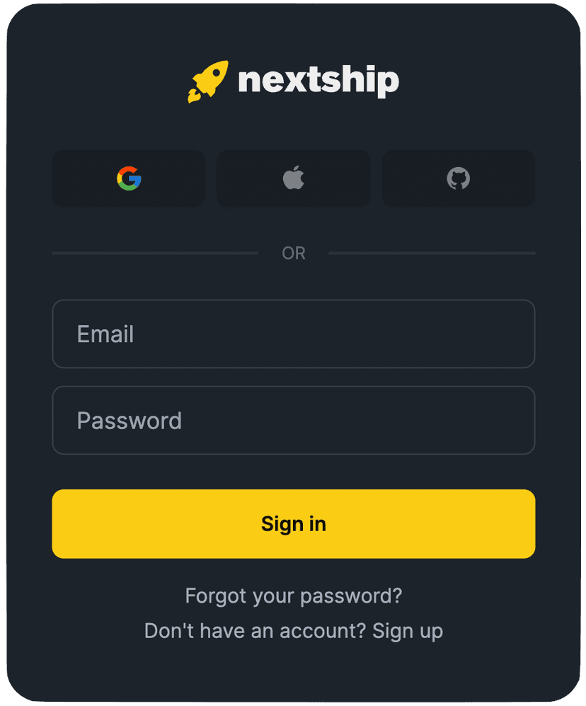 Nextship Auth UI Component Form Dark